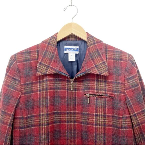 Pendleton Knockabouts Virgin Wool Zip Front Jacket Burgundy Blue Plaid Size 10 - Picture 10 of 16